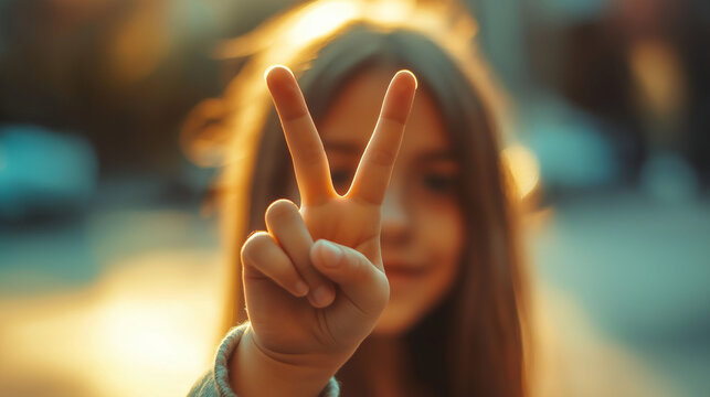 Girl showing peace sign with fingers in warm sunlight