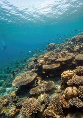 Fototapeta premium Underwater Coral Reef Ecosystem with Colorful Fish and Sunlight Rays