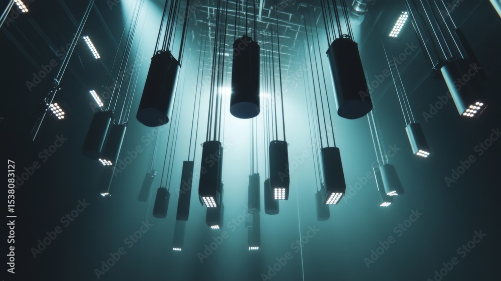 Poster an artistic view of multiple hanging from a ceiling in a studio or venue, with their sleek shapes an
