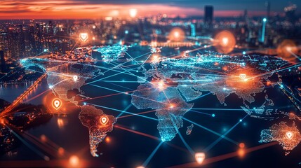 Global industrial network connectivity concept featuring world globe with cargo icons, connected trade routes, regional flags and industrial zones illustrating international logistics
