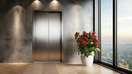 Modern elevator doors set in a concrete wall with spotlights above, beside a large window overlooking a cityscape and a vibrant red-flowered plant in a white pot.