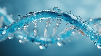 Close-up of a DNA double helix structure with water droplets, symbolizing genetic research and molecular biology.