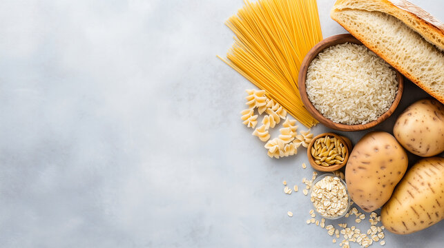 A carbohydrate-rich food display featuring bread and pasta surrounded by rice and potatoes, perfect for showcasing variety and texture in hearty foods.