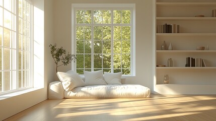 Modern Minimalist Living Room with Built-in Shelves, White Sofa, and Warm Natural Light 