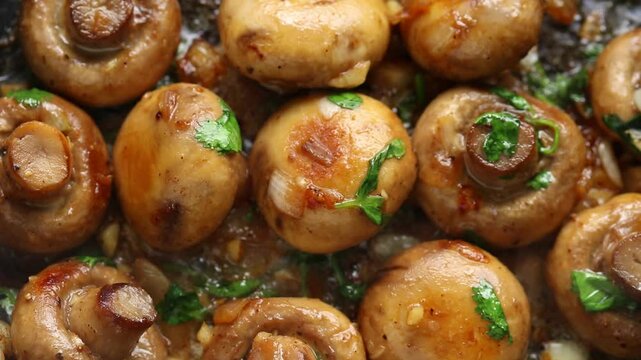 Stir-fry champignon mushrooms with garlic butter on hot frying pan. Top view shot