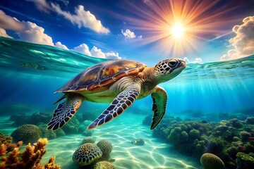 Obraz premium Green Sea Turtle Gracefully Swimming in Shallow Turquoise Water Sun Rays Coral Reef marine turtle