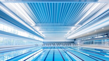Obraz premium Ultra-modern indoor swimming pool with crystal clear water, geometric lane design, underwater lighting, and transparent glass walls in a high-tech fitness and wellness facility 