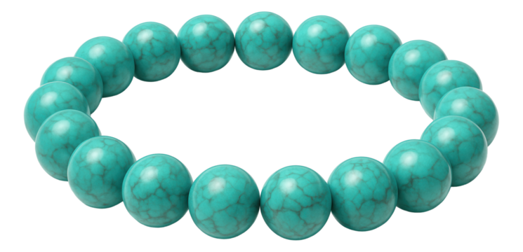 Turquoise beaded bracelet featuring polished spherical beads with natural stone patterns on transparent background.