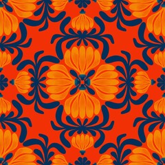 seamless floral pattern,created by drawing curves together to form blue leaves and orange flowers with red stamens,banana combs and orange background in geometric patterns as fabric and tile patterns.