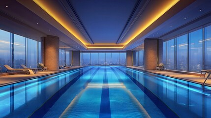 Ultra-modern indoor swimming pool with crystal clear water, geometric lane design, underwater lighting, and transparent glass walls in a high-tech fitness and wellness facility
