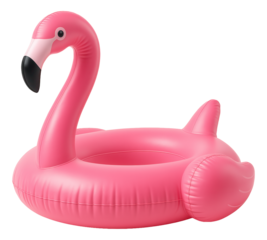 Pink inflatable flamingo pool float designed for summer fun and relaxation on transparent background.