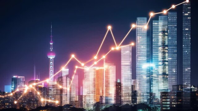 Cityscape at Night with Financial Growth Chart Overlaying Tall Modern Buildings and Towers in Blue Purple Light - Powered by Adobe