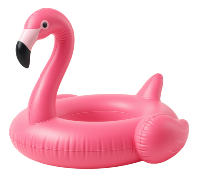 Pink inflatable flamingo pool float designed for summer fun and relaxation on transparent background.