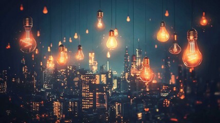 Fototapeta premium 16:9 A futuristic city skyline filled with glowing idea symbols in the sky