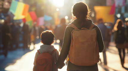 Woman and child holding hands at protest in city street