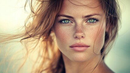 An enchanting image of a woman with expressive eyes, her hair styled elegantly, against a beautifully blurred background that emphasizes her captivating presence.