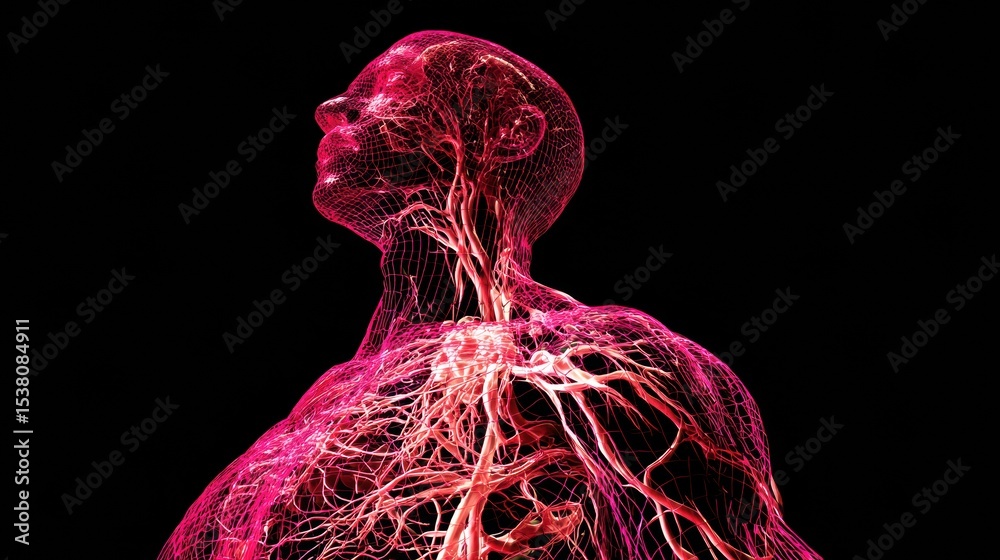 Poster stylized wireframe of a human body with highlighted nervous system displayed in vivid colors against