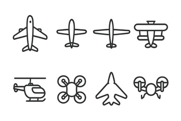 Different types of aircraft including planes, helicopters, and drones arranged in a structured layout for educational purposes