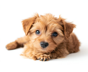 Cute brown terrier puppy sitting portrait on white background