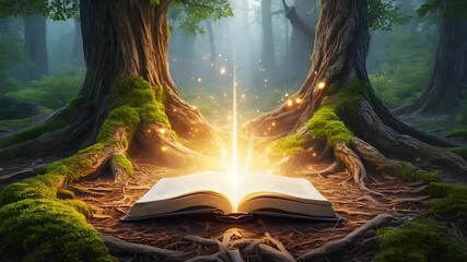 Open book emitting light in a misty forest surrounded by mossy roots and tall trees view. Enchanted forest with glowing book. Mystical woodland scene with magical light - Powered by Adobe
