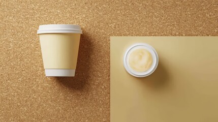 Two disposable coffee cups on a cork board background.