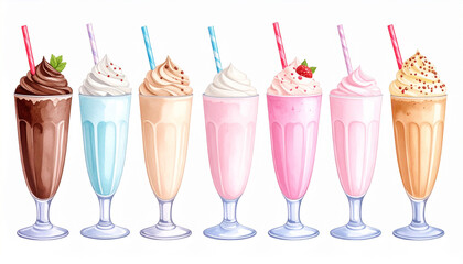 watercolor milk shakes set isolated on a white background