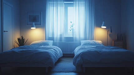 Two separate single beds in a modern minimalistic bedroom with a cold empty gap in between, moody dim lighting creating a distant emotional atmosphere of loneliness, isolation