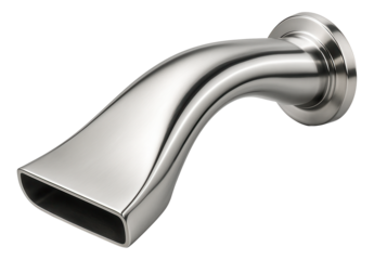 Modern brushed metal faucet spout with a rectangular opening, designed for wall mounting, on transparent background.