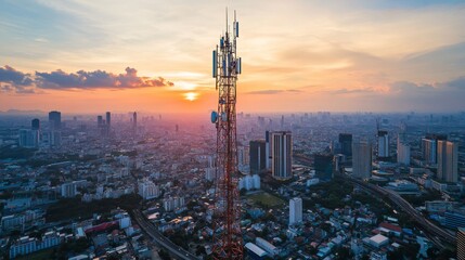 An impressive image of a cell phone tower against a backdrop of a bustling city skyline, symbolizing the essential role of communication in urban environments.