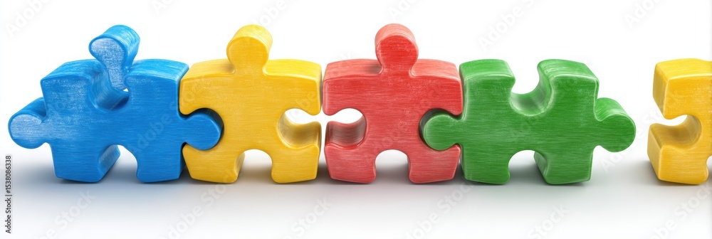Poster symbolic teamwork represented by colorful puzzle pieces coming together in a unifying concept during