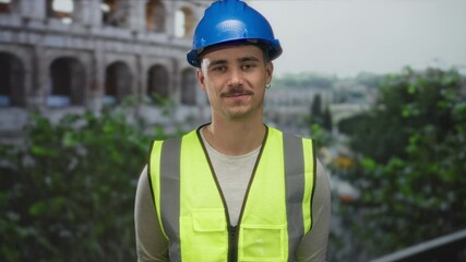 Young man in reflective vest and hardhat standing outdoors near roman coliseum with a confident expression, capturing a blend of history and modern construction.