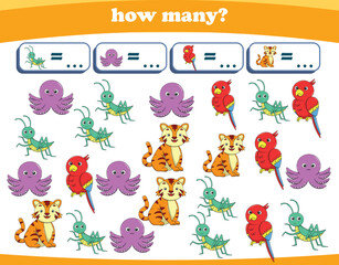 Counting game of wild animals for preschool kids. Printable. Vector Illustration