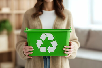 A person holds a green recycling bin with the recycling symbol, promoting eco-friendly waste management indoors.