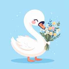 Fototapeta premium A cute white swan with rosy cheeks holds a colorful bouquet of flowers, set against a light blue background.