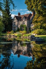 Obraz premium A picturesque scene of an old, two-story English farmhouse surrounded by lush green gardens and reflecting in the clear blue sky. The house is nestled among tall trees with large.