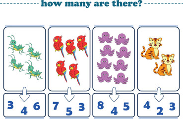 Counting game of wild animals for preschool kids. Printable. Vector Illustration