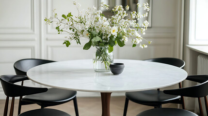 Elegant dining room features a round marble table with a vase of delicate floral branches, set against a bright, modern interior.