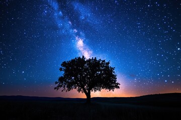 Night sky photography starry milky way over lone tree nature landscape serene environment captivating viewpoint