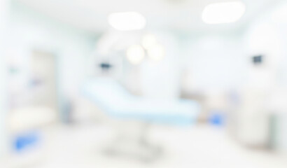 Blurred view of a bright white operating room with medical equipment.