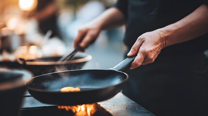 Chef skillfully cooking an egg in a frying pan over an open flame at a bustling outdoor market