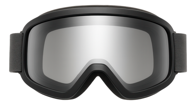 Black ski goggles with reflective lens, adjustable strap, and soft padding for comfort and protection on transparent background.