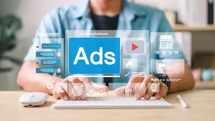 Digital marketing dashboard interface with ads panel, AI chatbot, video content, e-commerce, and...