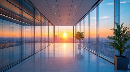 Modern Office Corridor with Glass Walls and a Beautiful Sunset View Creating a Stylish Work Environment
