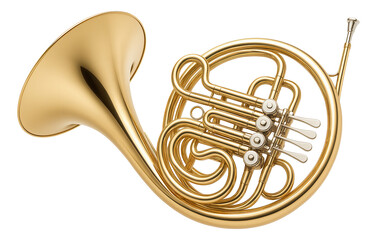 Elegant brass French horn with intricate tubing and shiny valves on transparent background.