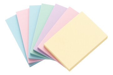 A selection of pastel-colored paper sheets fanned out, featuring yellow, pink, blue, and green shades on transparent background.