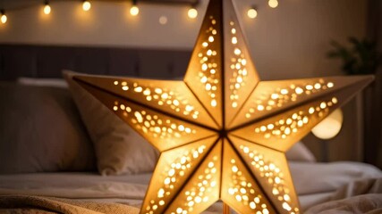 Illuminated star shaped table lamp casting ambient light in a bedroom setting, with candles and lamp on a side table creating a cozy mood. - Powered by Adobe