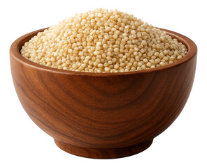 A wooden bowl filled with uncooked pearl couscous, showcasing its round texture on transparent background.
