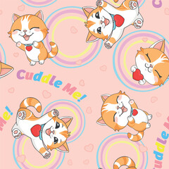 Seamless kawaii cat pattern with rainbow circles hearts on pink background