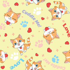 Seamless kawaii cat pattern with hearts paw prints and text Love and Cuddle Me on yellow background