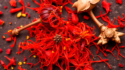 A close-up of bright red and orange saffron petals scattered on a dark, textured surface. The petals are oblong, thin, and slightly curled, with some yellow-tipped stamens visible.